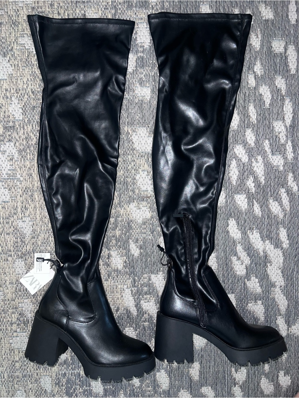 Zara Black Faux-Leather Over-The-Knee Chunky Heel Boots